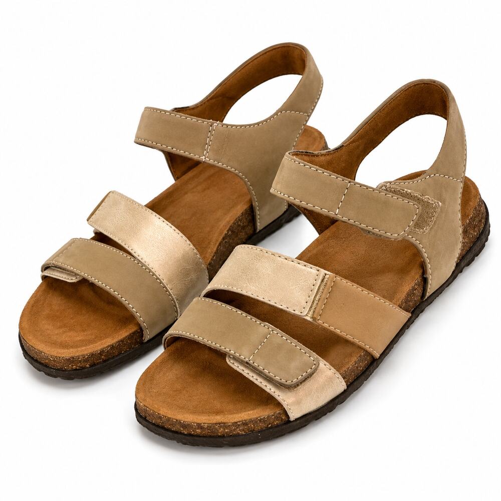 Earth Origins Orlene Wide Beige Leather Comfort Strap Sandals Womens 7.5W NWT